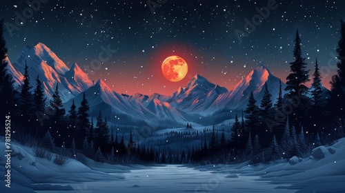 Background of black with a winter landscape illustration