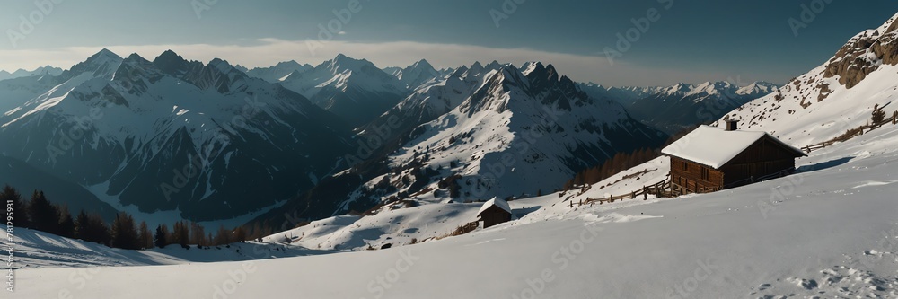 winter holidays in alps mountain range panoramic wide angle from Generative AI