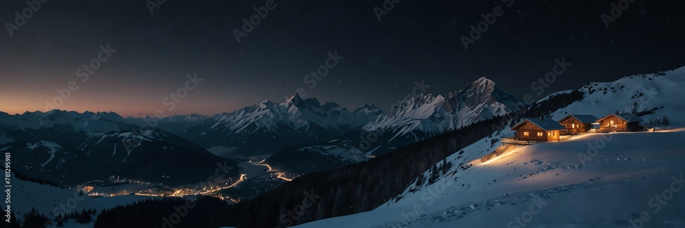 winter holidays in night alps mountain range panoramic wide angle from Generative AI