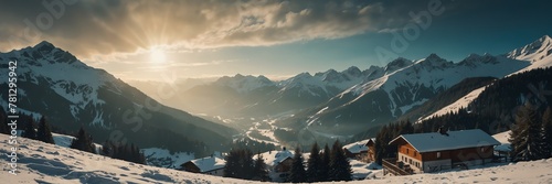 winter holidays in alps mountain range panoramic wide angle from Generative AI photo