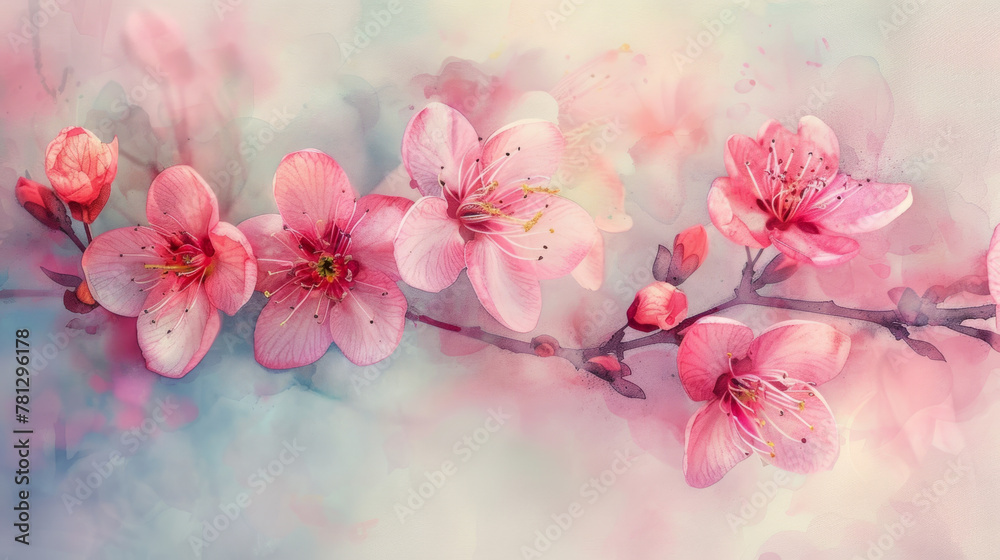 A watercolor painting capturing the essence of spring with soft pastels and delicate brush strokes, depicting blooming flowers.