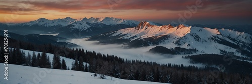 winter holidays in sunset snow mountain range panoramic wide angle from Generative AI