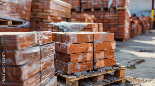 Stacks of red bricks in construction supermarket
