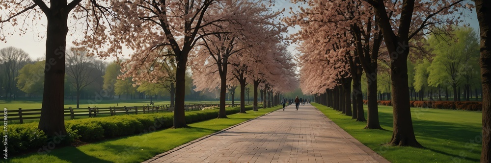 spring holidays in park with walkway panoramic wide angle from Generative AI