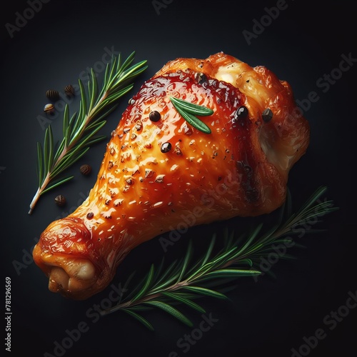 Roast chicken leg garnished isolated in black background. Grill roast bbq chicken drumstick.