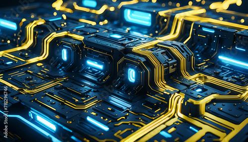 Technik Hintergrund Vorlage für technische Daten Analyse Überwachung Computer Chip Design Makro Prozessor Hardware Mikrochip Leiter Bauteile Platine hoch modern in blau gelb leuchtend fließende Ströme photo