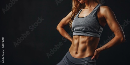 Woman Wearing Gym Clothes With Well-Defined Abdomen Muscles, Wallpaper With Copy Space
