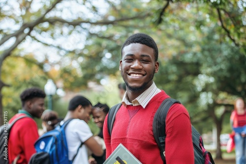 African American student holding books and smiling at the camera