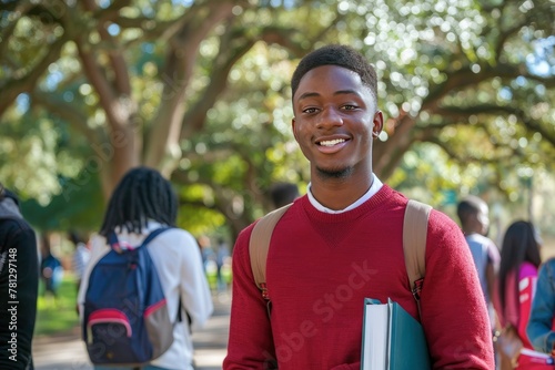 African American student holding books and smiling at the camera