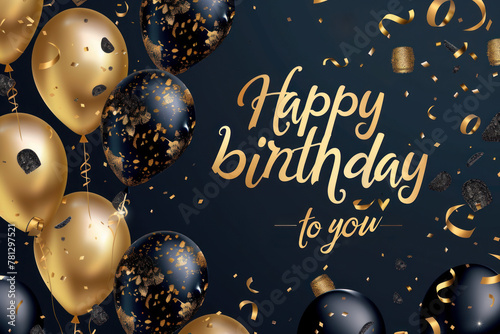 Happy birthday greeting background, postcard, invitation with balloons in gold and black. 