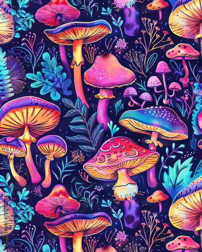 Psychedelic Neon Mushroom Pattern Background Design, Abstract Colorful Mushroom Backdrop