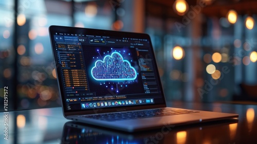 Cloud Applications: A laptop displaying a cloud-based software application © MAY