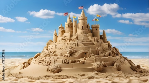 sandcastle sculpture constructed as a broad banner with copy space area during the summer vacation at the beach