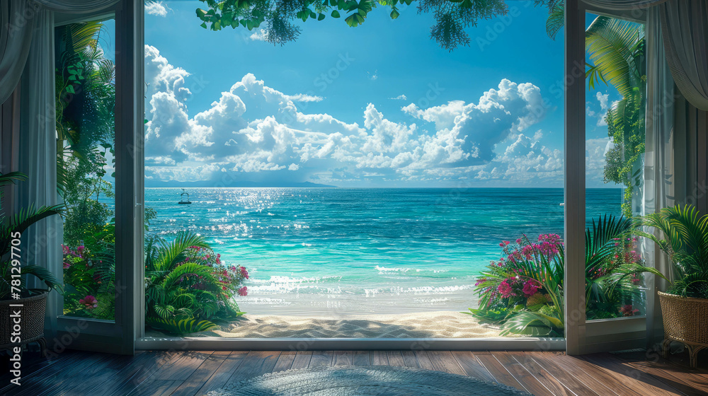 A beautiful beach scene with a blue ocean and lush green trees