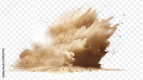 Sandstorm in the desert, brown dusty clouds that fly with gusts of wind, a big explosion textured with small particles on a transparent background.