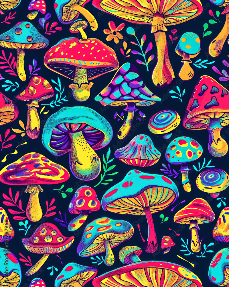 Psychedelic Neon Mushroom Pattern Background Design, Abstract Colorful Mushroom Backdrop
