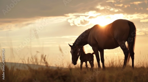 Majestic Horse and Foal Silhouette at Sunset in Countryside.