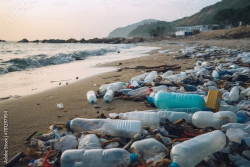 Plastic bottles and trash on the beach. Environmental pollution. Ecological problems. 