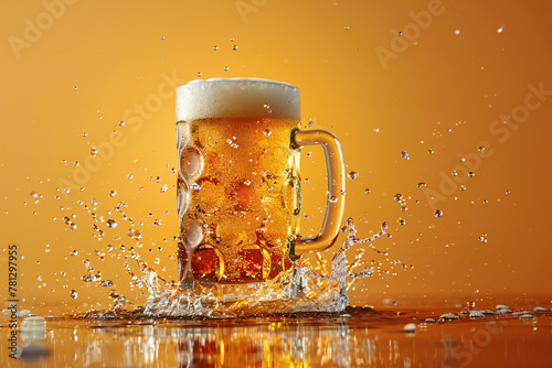 beer in a mug splashing on vibrant background