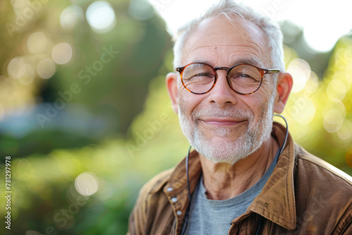 Close Up Portrait of a Cheerful Senior Man with Gray Hair Wearing Glasses Standing Outdoors. photo