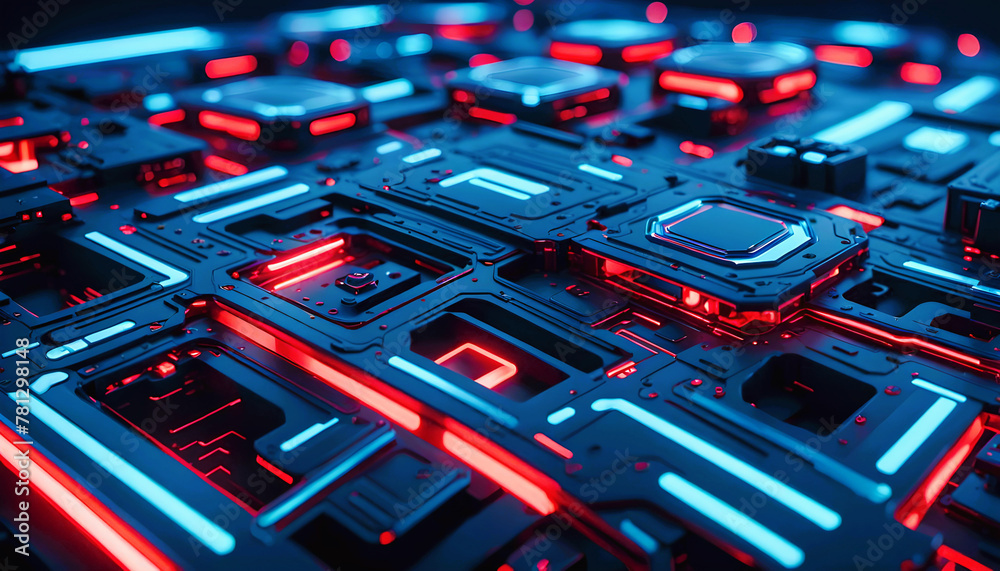 Technik Hintergrund Vorlage für technische Daten Analyse Überwachung Computer Chip Design Makro Prozessor Hardware Mikrochip Leiter Bauteile Platine hoch modern in blau rot leuchtend fließende Ströme Technik Hintergrund Vorlage für technische Daten Analyse Überwachung Computer Chip Design Makro Prozessor Hardware Mikrochip Leiter Bauteile Platine hoch modern in blau rot leuchtend fließende Ströme