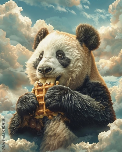 A cute panda with a waffle pattern on its fur, snacking on a chocolatecovered banana under a sky filled with fluffy clouds  photo