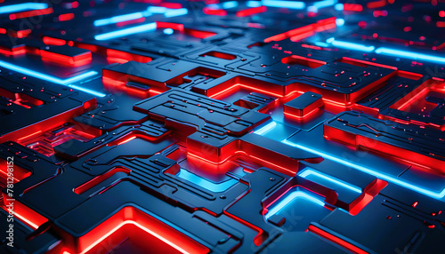 Technik Hintergrund Vorlage für technische Daten Analyse Überwachung Computer Chip Design Makro Prozessor Hardware Mikrochip Leiter Bauteile Platine hoch modern in blau rot leuchtend fließende Ströme photo