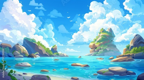 The seascape of rocky shore on an island with stones in the water and clouds in the blue sky. Modern cartoon illustration of coastal ocean with rocks.