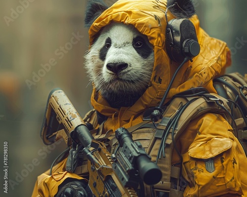 An enigmatic figure blending elements of a panda, an assault rifle, and mustard hues, creating a unique and intriguing look 