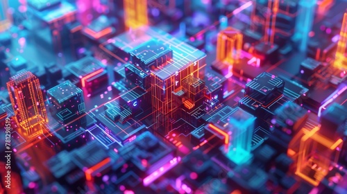 A futuristic data security interface depicted in a sleek isometric design  featuring organic and flowing forms in blue and pink tones against a dark background  with bright color blocks highlighting 