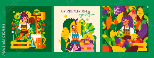 Garden, farm and agriculture. 3 bright illustrations of gardeners, farmers, nature and a bountiful harvest. Great for advertising, poster, background or card.