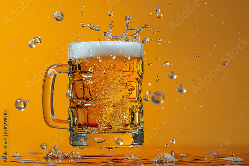 beer in a mug splashing on vibrant background