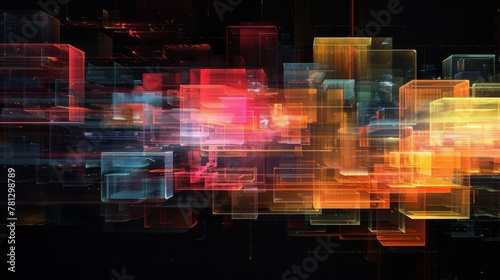 A futuristic interpretation of secure data transmission, with organic forms and flowing lines arranged in an isometric composition against a black background, punctuated by bright color blocks and sca
