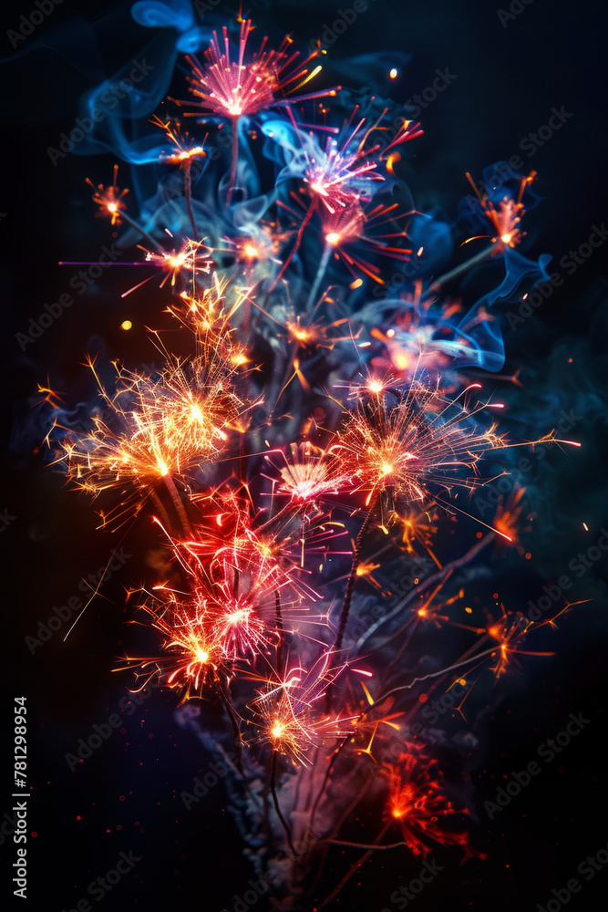 Dynamic and colorful explosions of fireworks synchronized in captivating patterns against a dark backdrop.