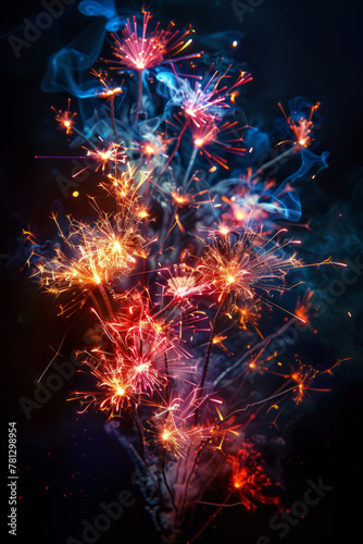 Dynamic and colorful explosions of fireworks synchronized in captivating patterns against a dark backdrop.