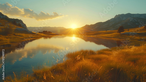 A breathtaking view of a mountain range during sunset, with golden light illuminating a tranquil lake below.