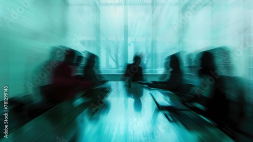Blurred background of a business meeting or conference room with abstract blurred silhouettes of people and documents on a table, with a motion effect, depicting a copy space concept.