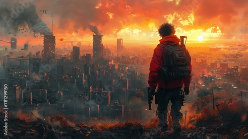 A young man with a gun looks at the crowd of people in an apocalyptic city, digital illustration painting style