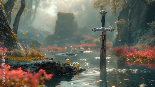 An illustration of a sword in the stone in 3D.