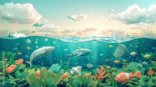 Environment and Sustainability: A 3D vector infographic highlighting the impact of plastic pollution on marine life