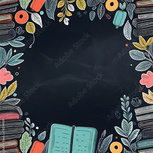 a blackboard with a floral border and books with copy space