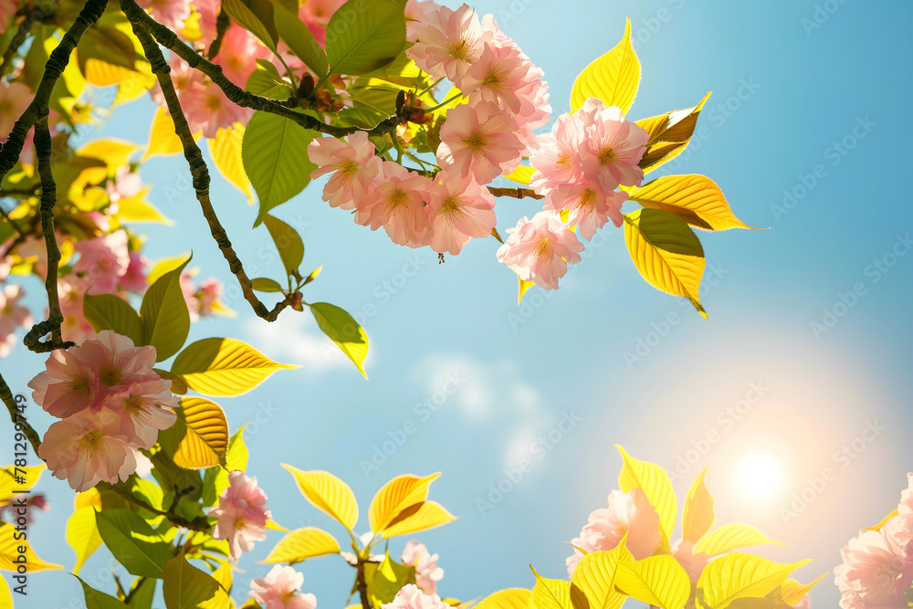 Obraz premium Spring cherry blossoms and sunlight clear blue sky. Renewal and nature's beauty.