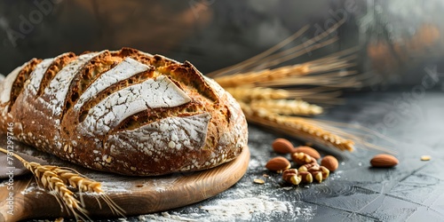 A rustic loaf of bread with a crispy crust and soft texture, surrounded by freshly baked goods from a quaint bakery. photo