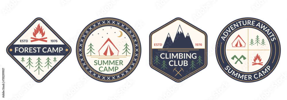 Camp badge or logo set with mountain, tent and forest. Outdoor summer camping emblem, label or path. Adventure, wilderness design concept. Vector illustration. Camp badge or logo set with mountain, tent and forest. Outdoor summer camping emblem, label or path. Adventure, wilderness design concept. Vector illustration.