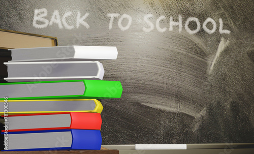 Back to school concept with text on blackboard, chalk and stack of books on a table in classroom. 3D rendering illustration.