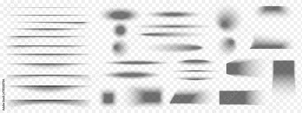 Set of paper or packing box shadow effects. Different realistic soft grey shapes. Divider lines, square and rectangle, round and oval shades isolated on transparent background. Vector illustration.