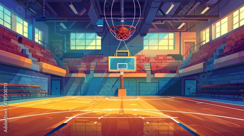 This modern cartoon illustration shows an empty school gym, a sports ground with wooden floor, fan seats for a game tournament, and a scoreboard. photo