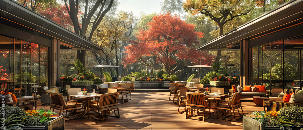 Tranquil Park Scene with Wooden Furniture Amidst Lush Greenery, Offering a Peaceful Retreat in Nature Tranquil Park Scene with Wooden Furniture Amidst Lush Greenery, Offering a Peaceful Retreat in Nature