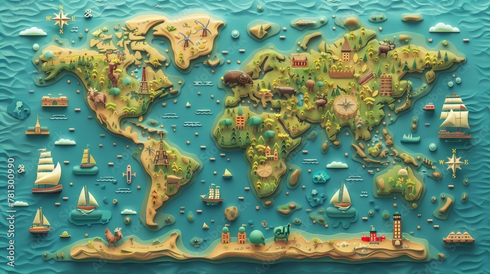 Fototapeta premium Travel and Tourism: A 3D vector illustration of a world map highlighting popular travel destinations