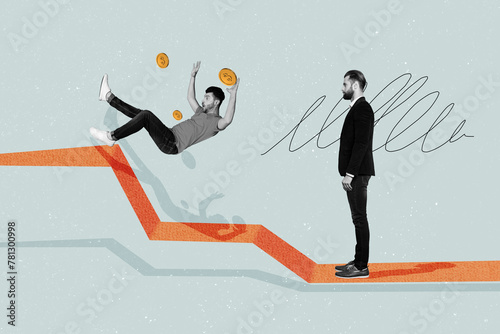 Creative collage photo standing young man businessman trader economy finance golden coins earnings falling down drawing background